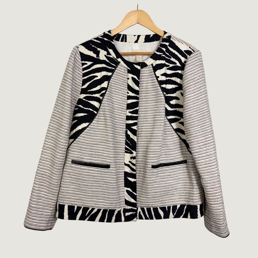 Chico's Jacket Womens 2 White Zebra Print Stripe Cotton Linen Blend‎ Blazer Coat